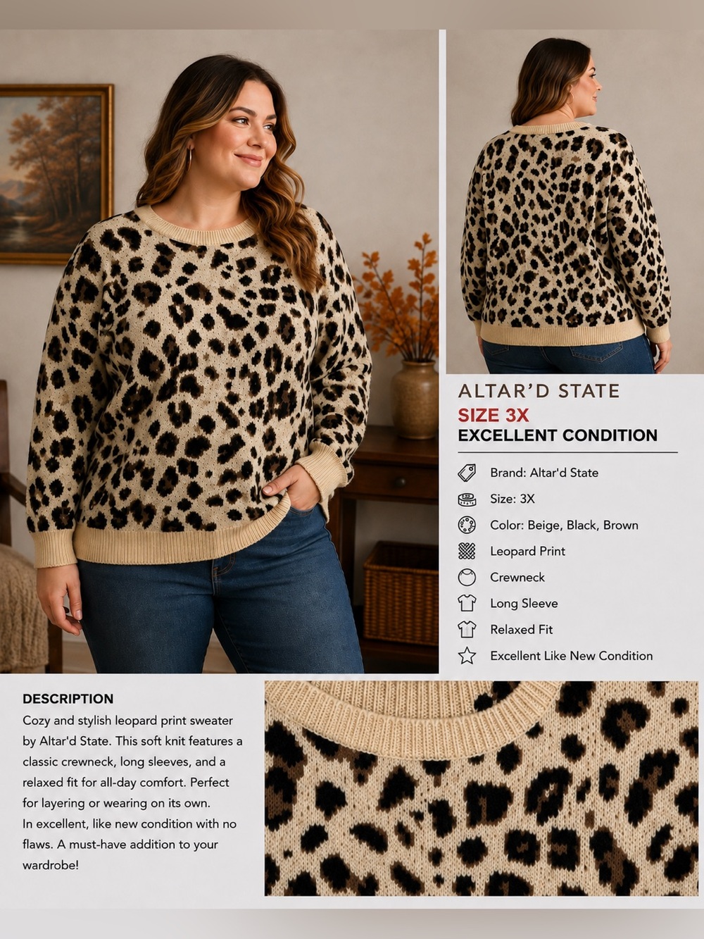 Altar’d State Leopard Print Crewneck Sweater Beige Black Brown 3X